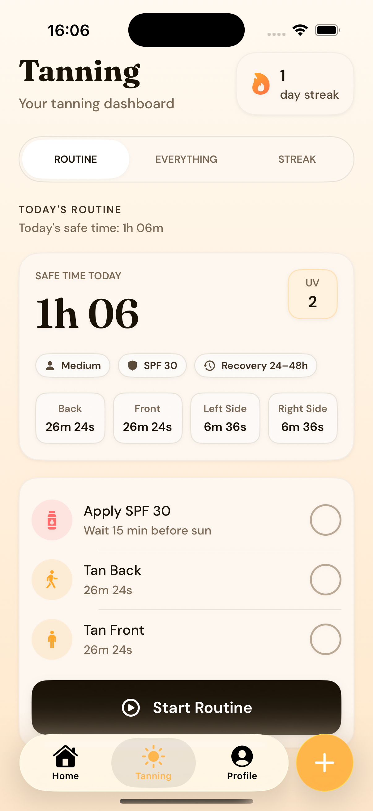 Tanning routine dashboard